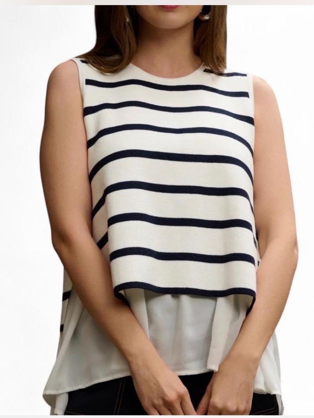 Adrianna Papell Navy & White Striped Layered Knit Tank